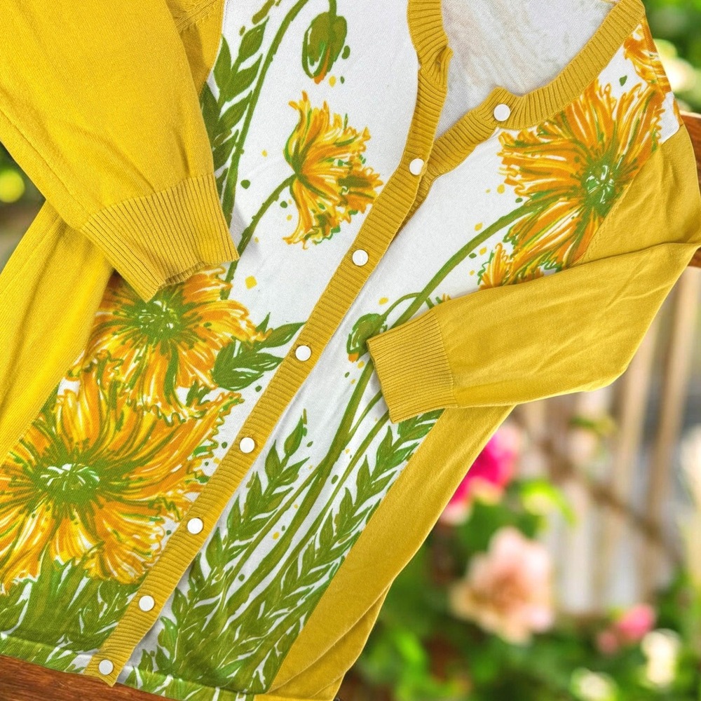 Bob Mackie Floral Cardigan Sweater Womens S Yellow‎ Longline Button Front Poppy